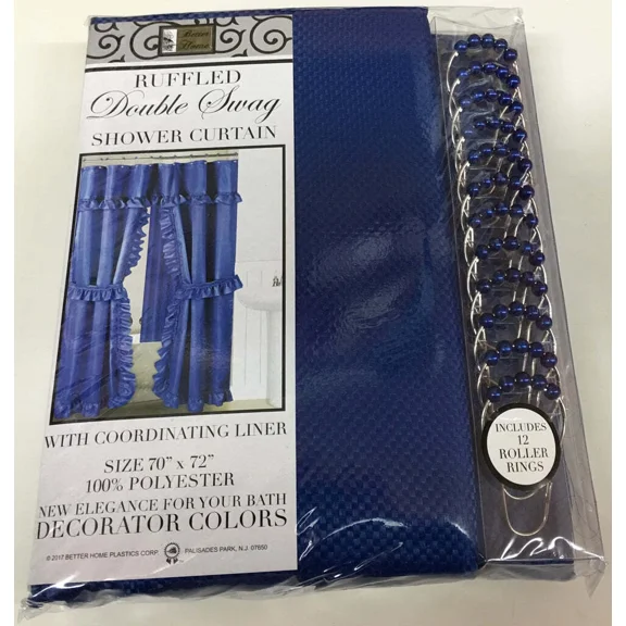 Double Swag Fabric Shower Curtain Includes Vinyl Liner, Shower Rings, Dobby Dot Design, Cobalt Navy Blue