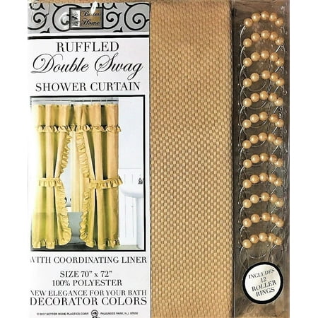 Double Swag Fabric Shower Curtain Includes Vinyl Liner, Shower Rings, Dobby Dot Design, Taupe Linen