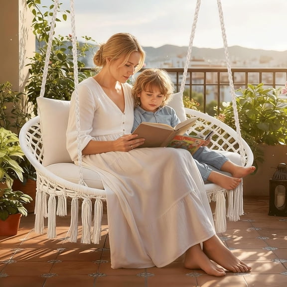 Double Swing Chair with 3 Cushions for Outside, Large Hanging Macrame Swing Chair for Indoor/Outdoor Relax, Adult Hammock Boho Chair Max 700 lbs Capacity for Porch Balcony Backyard, Beige