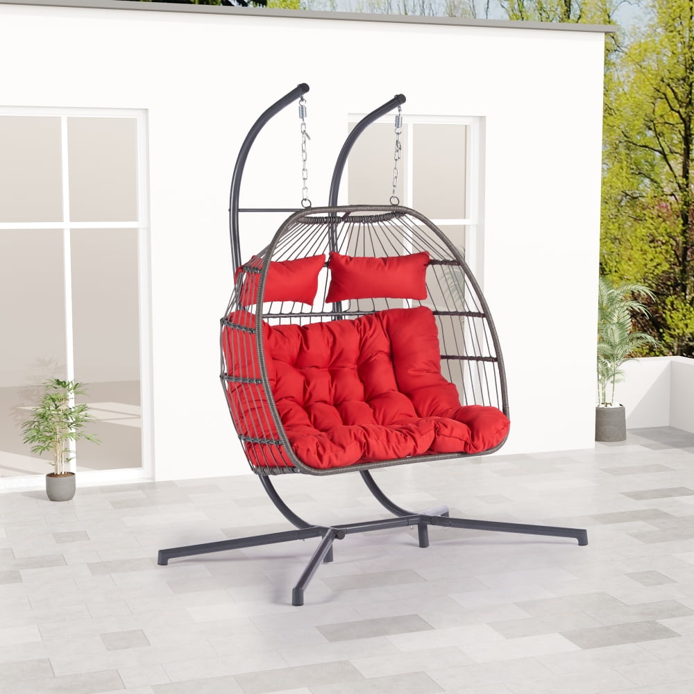 Double Swing Egg Chair with Stand 2 Person Hanging Chair Foldable Twins Patio Chair with Thick Cushion Large Hand Woven Wicker Rattan Loveseat Hammock Chair for Indoor Outdoor Red Walmart Business Sup...