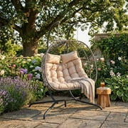 Double Swing Egg Chair with Stand,2 Person Indoor Outdoor Wicker Loveseat, Oversized Patio Hanging Basket Chair with Cushions, Cozy Sturdy Porch Swing for Backyard