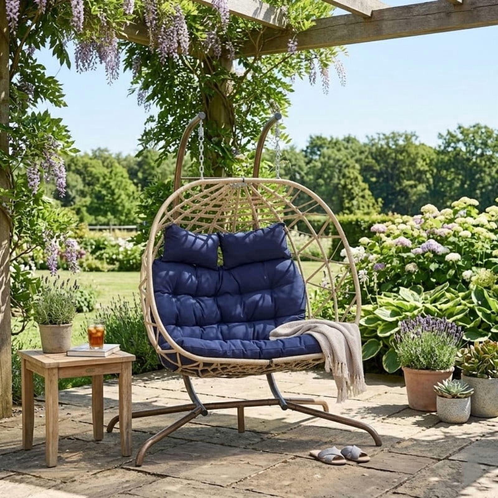 Double Swing Egg Chair with Stand,2 Person Indoor Outdoor Wicker Loveseat, Oversized Patio Hanging Basket Chair with Cushions, Cozy Sturdy Porch Swing for Backyard
