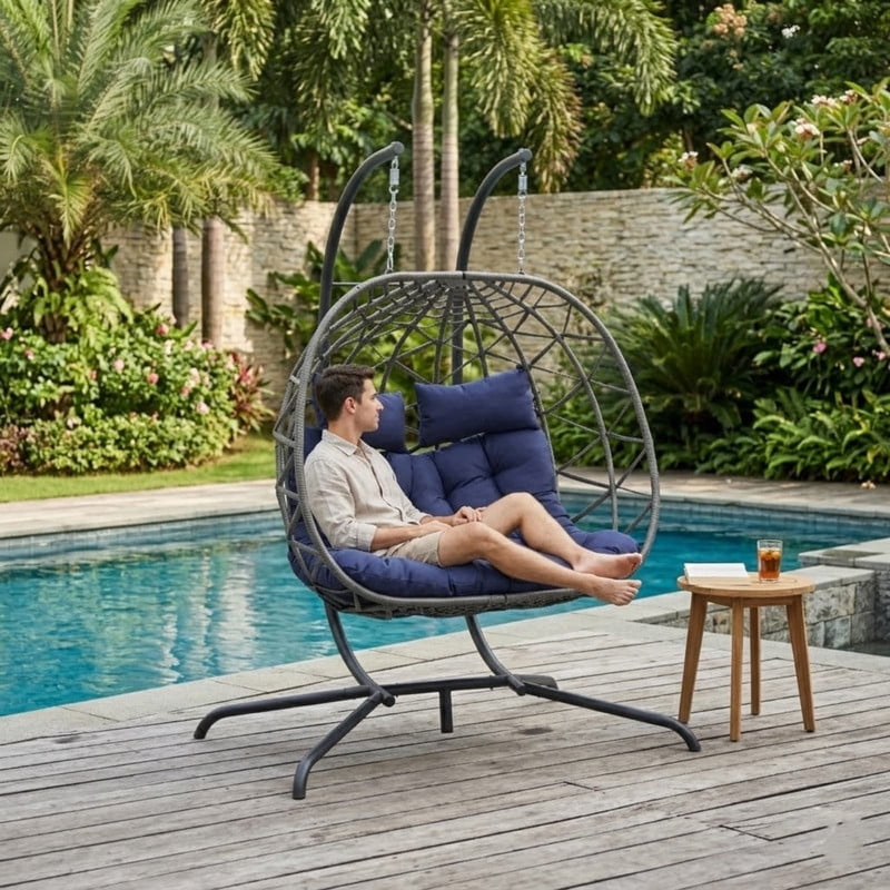Double Swing Egg Chair with Stand,2 Person Indoor Outdoor Wicker Loveseat, Oversized Patio Hanging Basket Chair with Cushions, Cozy Sturdy Porch Swing for Backyard