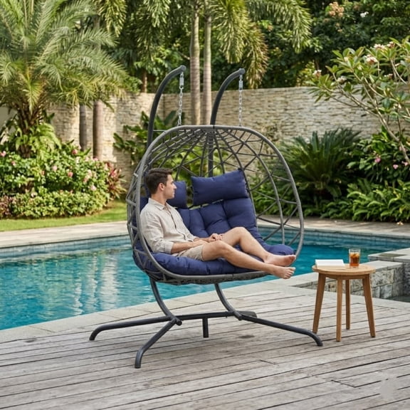 Double Swing Egg Chair with Stand,2 Person Indoor Outdoor Wicker Loveseat, Oversized Patio Hanging Basket Chair with Cushions, Cozy Sturdy Porch Swing for Backyard
