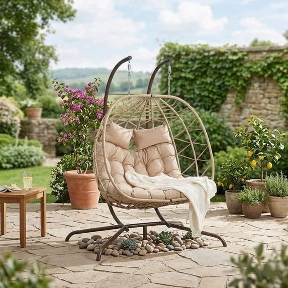 Double Swing Egg Chair with Stand,2 Person Indoor Outdoor Wicker Loveseat, Oversized Patio Hanging Basket Chair with Cushions, Cozy Sturdy Porch Swing for Backyard