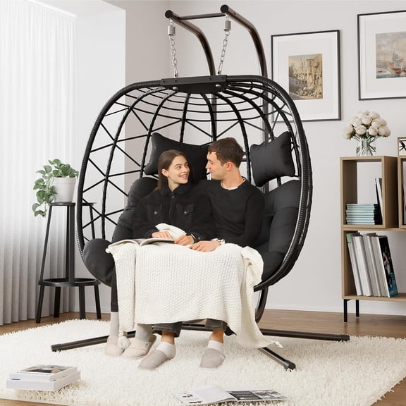 Double Swing Egg Chair with Stand, Oversized 2 Person Indoor Outdoor Wicker Patio Basket Hanging Chair with Black Cushion 550 LBS Capacity for Bedroom Balcony