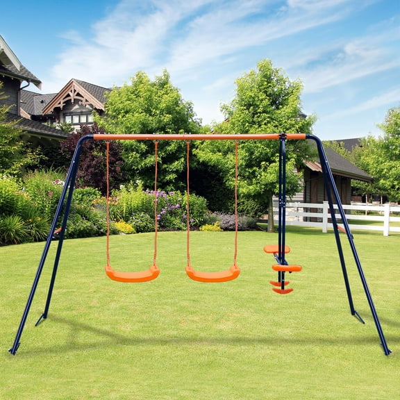 Double Swing Set Garden Swing Slider Set with 2 Swing Seats with 1 Seesaw