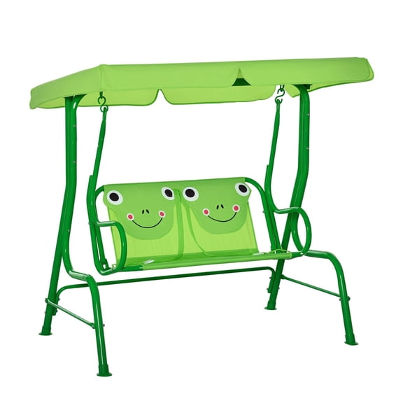 Double Swing Set with Canopy, Frog Porch Chair for Toddlers, Adjustable Sun Shade, Seatbelts, Ages 3-6, Outdoor Play