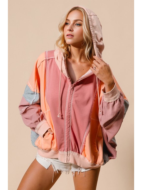 Double Take Full Size Color Block Zip Up Hoodie