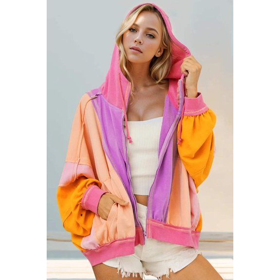 Double Take Full Size Color Block Zip Up Hoodie