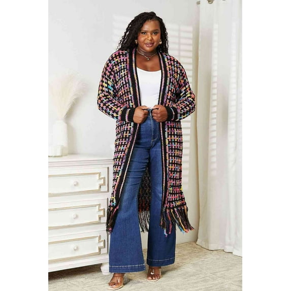 Double Take Full Size Multicolored Open Front Fringe Hem Cardigan