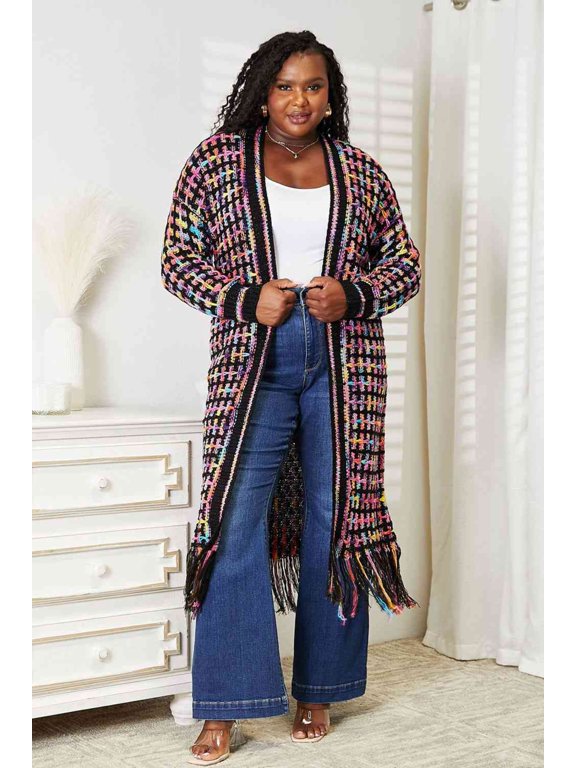 Double Take Full Size Multicolored Open Front Fringe Hem Cardigan