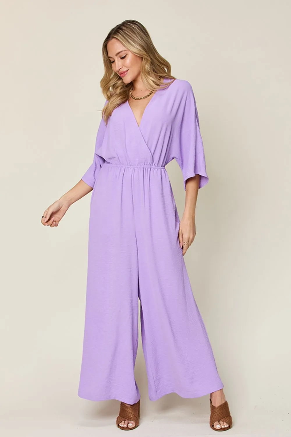 Double Take Full Size V-Neck Tied Side Slit Jumpsuit main image 1