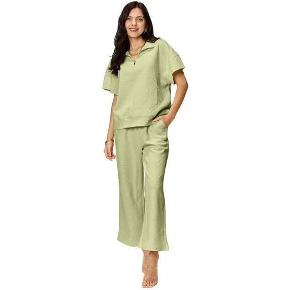 Double Take Full Size Texture Half Zip Short Sleeve Top and Pants Set