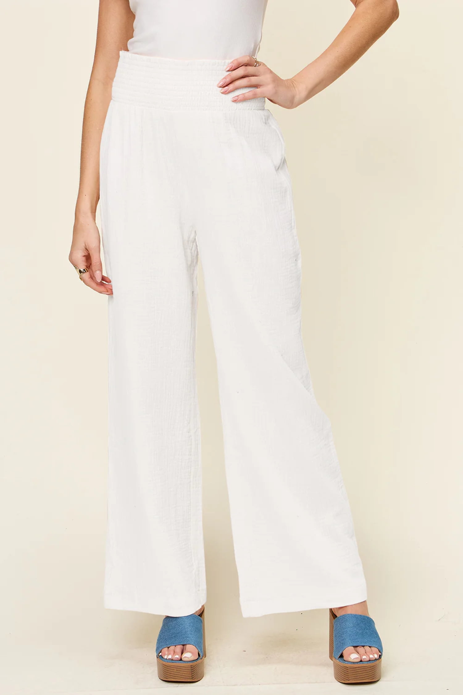 Double Take Full Size Texture Smocked Waist Wide Leg Pants - Walmart.com