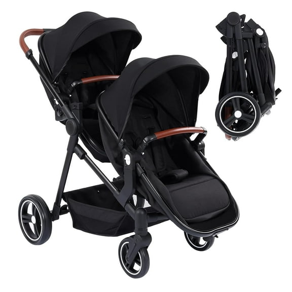 Double Tandem Stroller for Infants and Toddlers, Foldable Pushchair with Reversible Seating, Adjustable Backrest, Spacious Storage Basket, and Canopy
