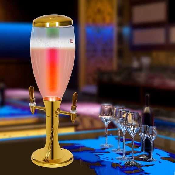 Double Tap Beverage Dispenser 3 Liter Wine Barrel Modern Goblet Shape ABS PET Plated Tabletop Drink Dispenser Ice Tube Cooling LED Light 6.69 x 22.05 Inch for Home Bar Party Cocktails Juice Beer