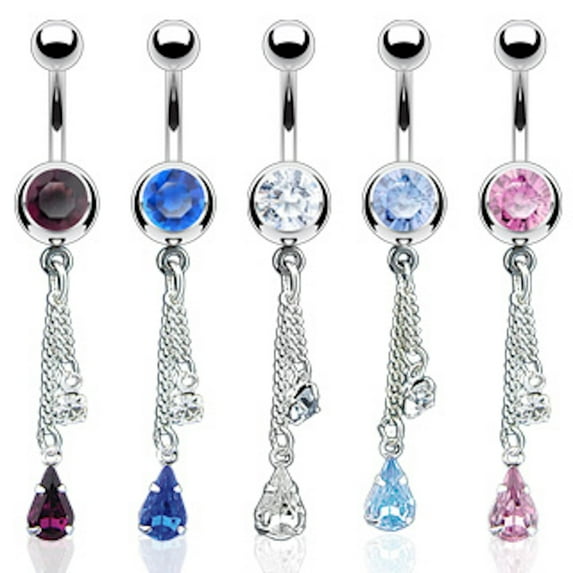 # Double Tear Drop CZ Dangle Belly Ring 14G (1.6MM) #23 (Pink)