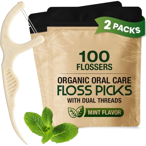 Double Thread  Floss Picks (200-Count) - Mint Flavoured  -Based  Flossers for Tight  - Plastic-Free Floss with  Design for  Gums