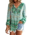 thumbnail image 1 of Double Tie Front Long Sleeve Bohemian Print Blouse for Women Green Large, 1 of 5