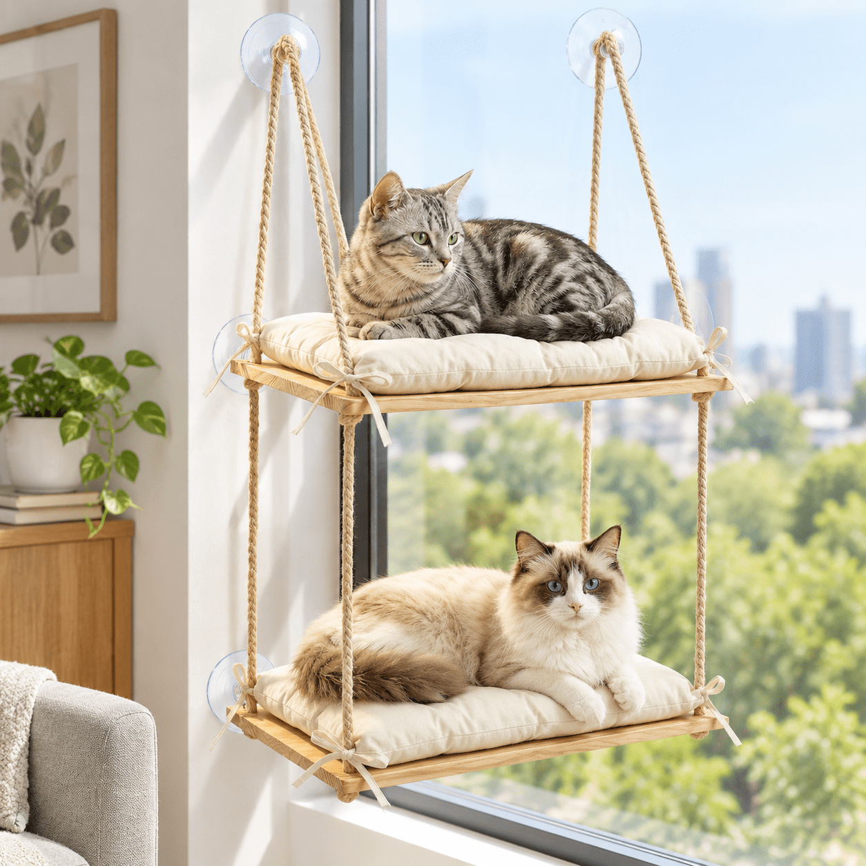 Double Tier Cat Window Perch with Heavy-duty Suction Cups, Solid Wood ...