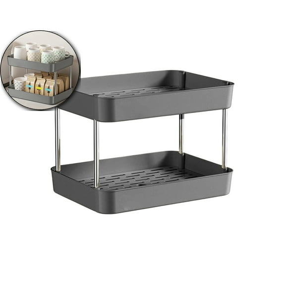 Double-Tier Cup Storage Rack for Dining Table Top, Plastic Coffee Mug Organizer with Drain Tray, Gray