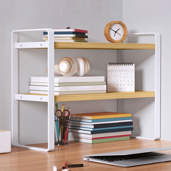 Double-Tier Desktop Bookshelf, Sturdy Desk Organizer with Metal Frame and Guardrails, Space Saving Storage Shelf for Office Home and Student Use