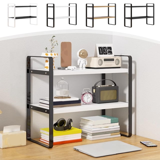 Double Tier Desktop Shelf Desk Organizer with Metal Frame and Wood Boards, Space-Saving Bookshelf for Student Study and Office Computer Desk