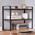 thumbnail image 1 of Double Tier Desktop Shelf Desk Organizer with Metal Frame and Wood Boards, Space-Saving Bookshelf for Student Study and Office Computer Desk, 1 of 6