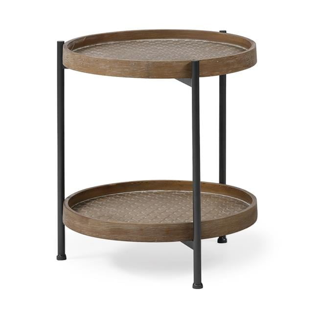 Medium Brown Distressed Wood and Black Metal Round End Table