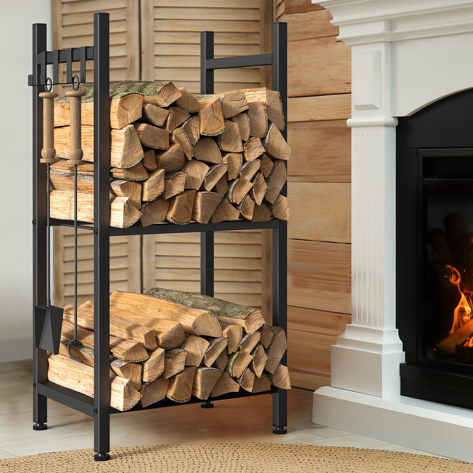 Tier Log Rack Double Tier Firewood Rack with Fireplace Tool Hooks, Metal Log Storage ...