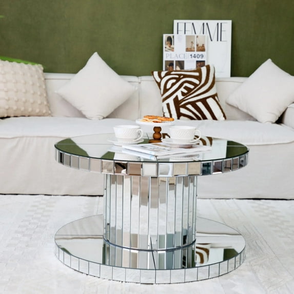 Double-Tier Luxury Round Mirror Coffee & End Table with Fluted Glass, 31, 5" Diameter Modern Sofa Side Table for Living Room, Light Luxury Design, Sturdy Cylinder Frame (Silver)