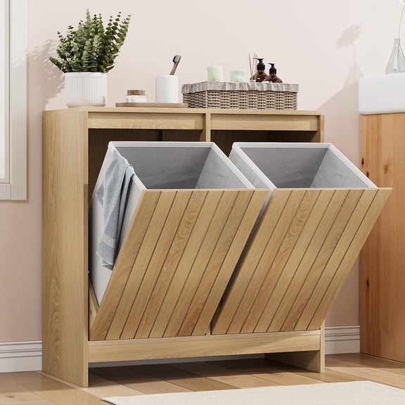 Double Tilt Out Engineered Wood Laundry Storage Cabinet, Concealed Linen Storage Laundry Organizer with Dual Detachable Containers, Multi-Purpose Bathroom Storage Cabinet for Kitchen Living Room