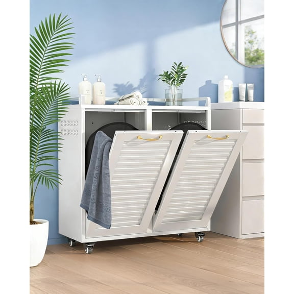 Double Tilt Out Laundry Hamper Cabinet, 2-in-1 Rolling Casters + Fixed Feet, Waterproof Rustproof Metal, 33Gal 2-Compartment for Bathroom, Laundry Room, Kitchen