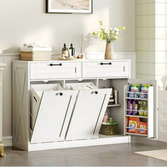 Double Tilt Out Laundry Hamper Cabinet, 43.3" Laundry Storage Cabinet with 2 Removable Baskets, Farmhouse Wooden Hidden Trash Bin Cabinet with Open Shelving, for Bathroom, White