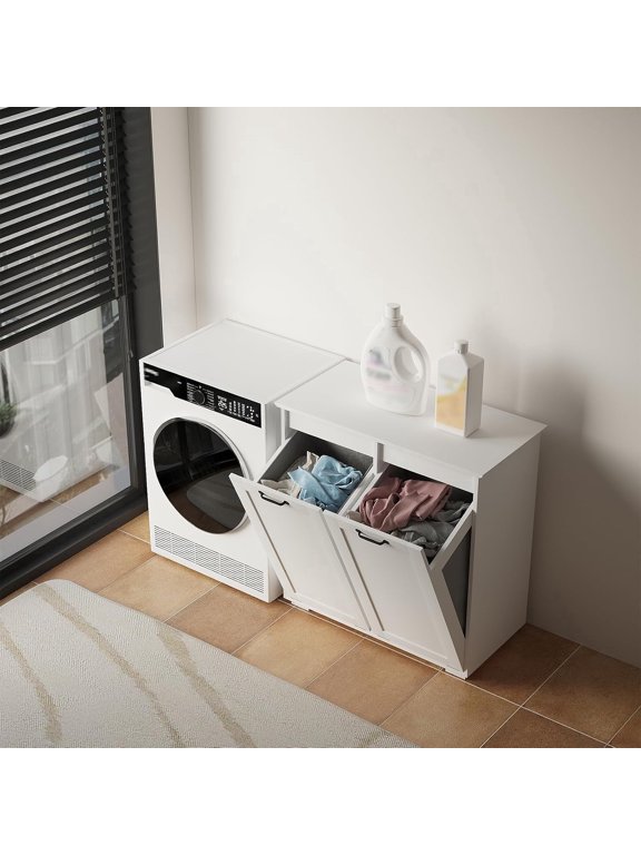 Double Tilt Out Laundry Hamper Cabinet, Hidden Trash Can Cabinet with Basket Garbage Can Bin Cabinets with 12 * 2 Gallon Laundry Storage Basket for Bathroom, Kitchen, White