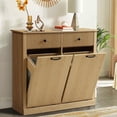 thumbnail image 1 of Double Tilt Out Laundry Hamper Cabinet, Modern Fluted Trash Can Cabinets with Drawer, Wooden 21 Gallon Hidden Garbage Cabinet with Storage Baskets for Kitchen Bathroom(Natural Oak, Full), 1 of 14