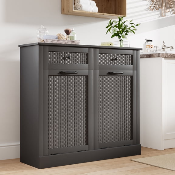 Double Tilt Out Laundry Hamper Cabinet, Rattan-Style Laundry Room Organization with Removable Laundry Basket, Hidden Wood Dirty Clothes Hamper with Drawers, 39" L x 13" W x 35.8" H