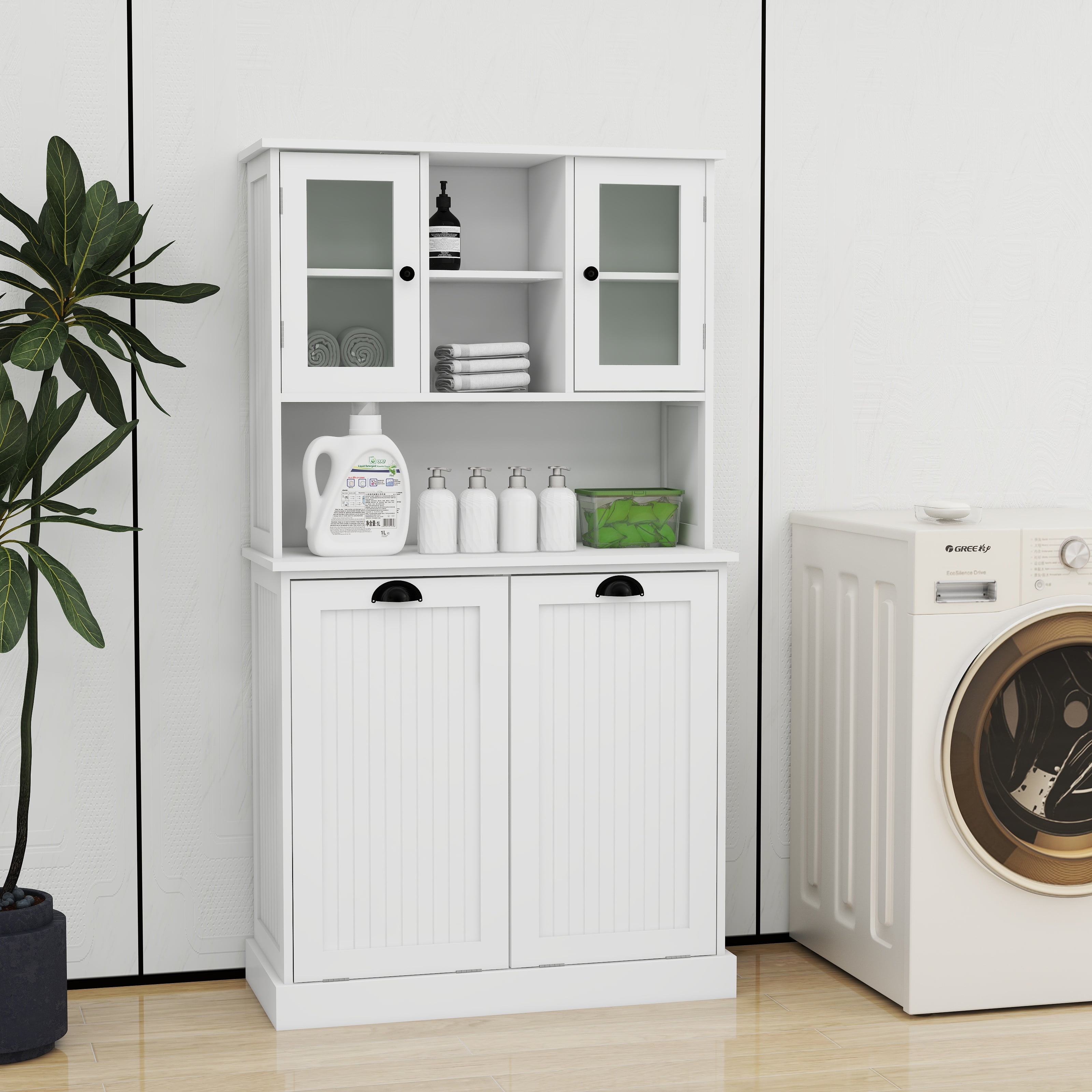 White Tall Bathroom Cabinet with Adjustable Shelves and Tilt-Out Laundry Baskets