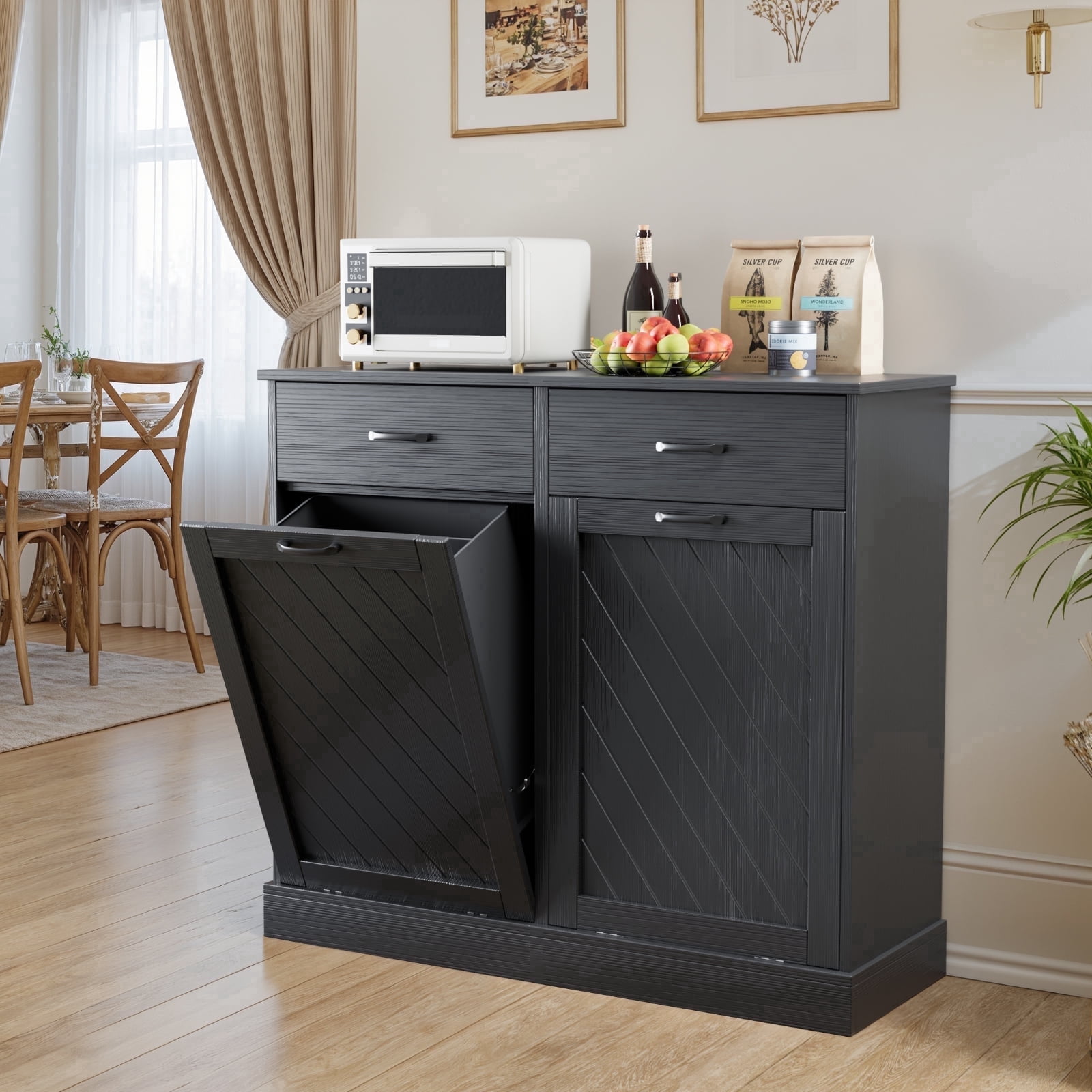 Double Tilt-Out 2x15 Gallons Hidden Garbage Trash Can Cabinet, Hidden Kitchen Trash Cabinet with Storage Drawer, Pet-Proof Wooden Garbage & Recycling Cabinet for Kitchen, Laundry & Living Room, Black