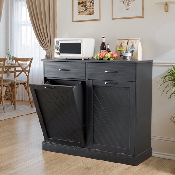 Double Tilt-Out 2x15 Gallons Hidden Garbage Trash Can Cabinet, Hidden Kitchen Trash Cabinet with Storage Drawer, Pet-Proof Wooden Garbage & Recycling Cabinet for Kitchen, Laundry & Living Room, Black