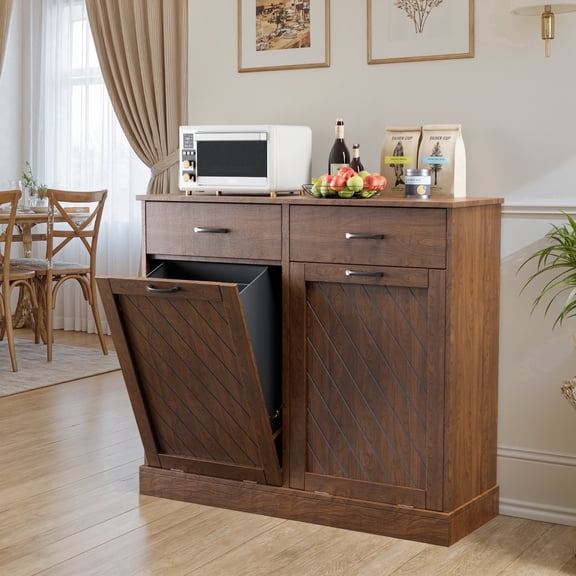 Double Tilt-Out 2x15 Gallons Hidden Garbage Trash Can Cabinet, Hidden Kitchen Trash Cabinet with Storage Drawer, Pet-Proof Wooden Garbage & Recycling Cabinet for Kitchen, Laundry & Living Room, Brown