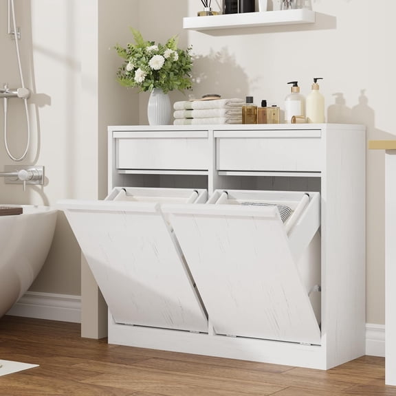 Double Tilt Out Laundry Hamper Cabinet 20 Gallon Farmhouse Wooden Laundry Storage Cabinet White Finish Bathroom Kitchen Organizer