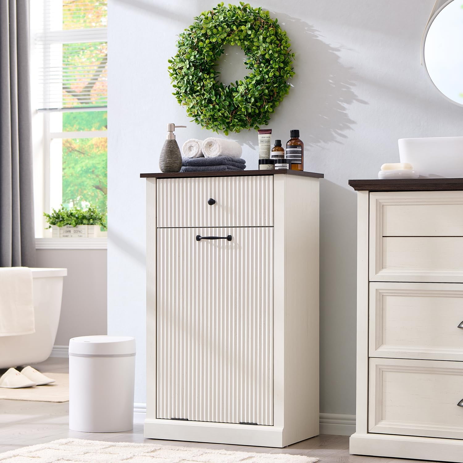 Double Tilt-Out Laundry Hamper Cabinet 20 Gallon Fluted Trash Can Cabinet w/2 Drawers Wooden ...