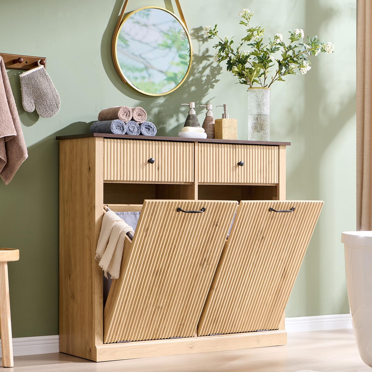 Double Tilt-Out Laundry Hamper Cabinet 20 Gallon Fluted Trash Can ...