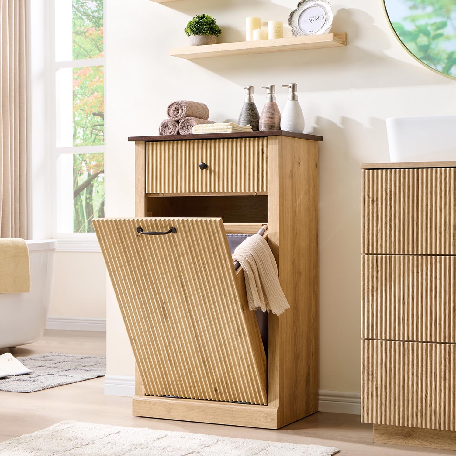 Double Tilt-Out Laundry Hamper Cabinet 20 Gallon Fluted Trash Can ...