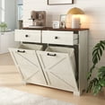 thumbnail image 1 of Double Tilt Out Trash Cabinet, 20 Gallon Kitchen Laundry Hamper Cabinet with 2 Drawers, Farmhouse Garbage Can Cabinet with Barn Doors, Brown, 1 of 8