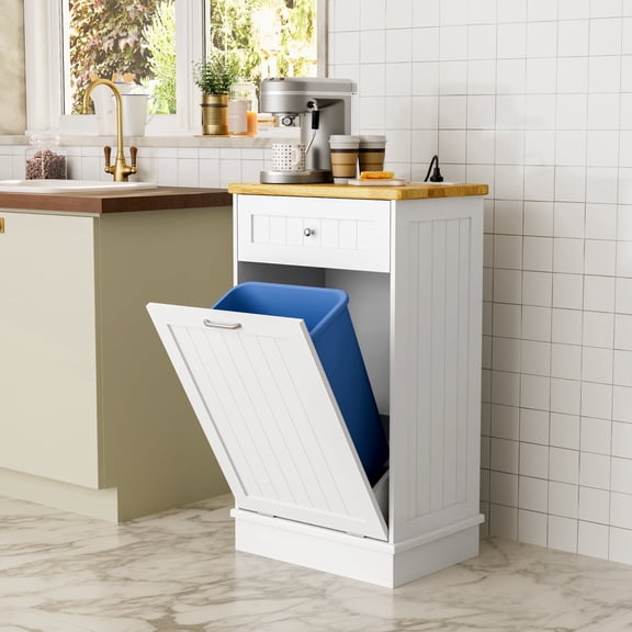 Double Tilt-Out Trash Cabinet with Power Outlet, 10 Gallon Storage, and 2 AC + USB Sockets - Pet-Proof, for Kitchen or Living Room (White, Single Door)