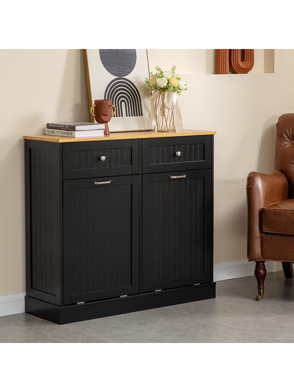 Double Tilt Out Trash Cabinet, Wooden Free Standing Trash Cabinet, Recycling Cabinet with Hideaway Drawer, 20 Gallon Tilt Out Trash Cabinet(Black)