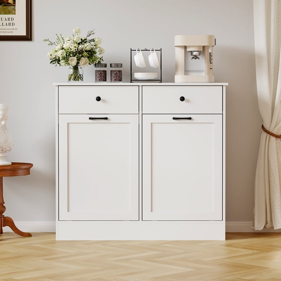 Double Tilt Out Trash Cabinet, Wooden Kitchen Waste Bin with Odor Control, Farmhouse Style Dog Proof Trash Can for Pantry, Laundry Room